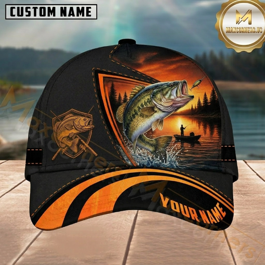 Maxcorners Fishing Black Orange Sunset Customized Name 3D Cap
