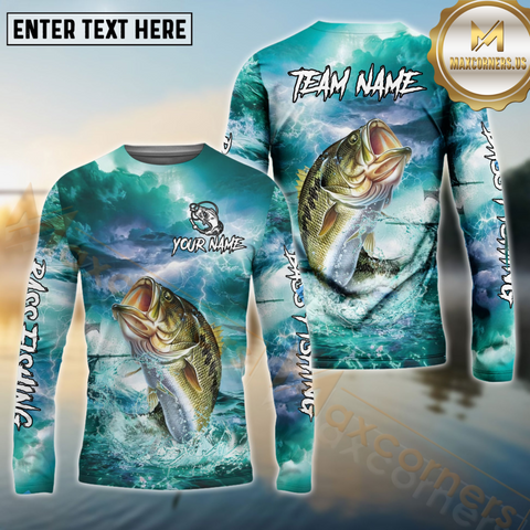 Maxcorners Bass Fishing Storm Ocean Style Pattern Sport Jersey Personalized Name, Team Name Long Sleeve Shirt