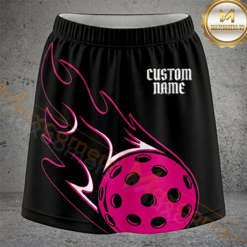Maxcorners Pickleball Black Pink Flame Ball Personalized 3D Skort, Skirts With Shorts