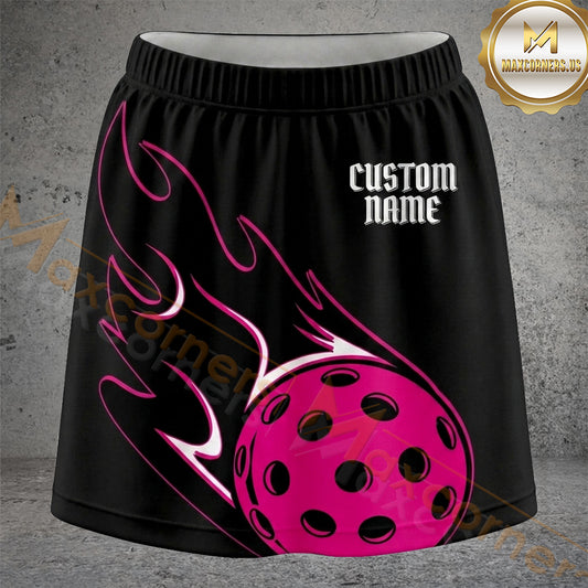 Maxcorners Pickleball Black Pink Flame Ball Personalized 3D Skort, Skirts With Shorts