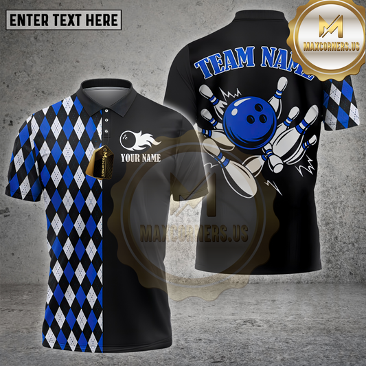 Maxcorners Bowling Shirt Argyle Strikes Multicolor Options Personalized Name, Team Name Unisex 3D Shirt (4 Colors)