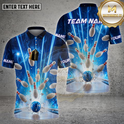 Maxcorners Bowling Shirt Blue Lightning Strikes Personalized Name, Team Name 3D Shirt