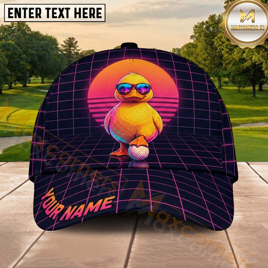 Maxcorners Golf Retro Neon Duck Golfer Sunset Grid Personalized Name 3D Classic Cap