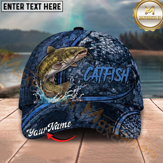 Maxcorners Fishing Water Splash Dark Scale Personalized Name 3D Cap (12 Fish Species)