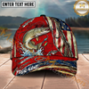 Maxcorners Fishing Ripped Red American Flag Hook Personalized Name 3D Cap (12 Fish Species)
