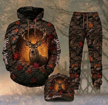 Maxcorners Hunting Deer Autumn Stone Cave Personalized 3D Combo Hoodie, Sweatpants Set & Cap