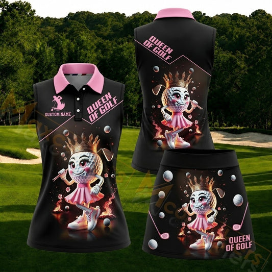 Maxcorners Black Pink Queen Of Golf Personalized Name 3D Golf Shirt and Golf Skirt