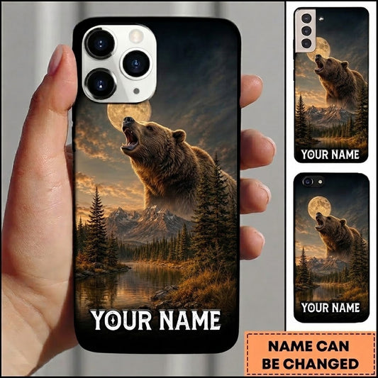 Maxcorners Hunting Roaring Bear Golden Moonlit Mountain Lake Customized Name Phone Case