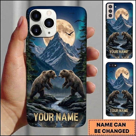 Maxcorners Hunting Fighting Bears Blue Moonlit Mountain River Customized Name Phone Case