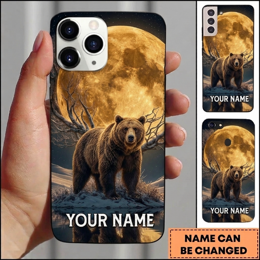 Maxcorners Hunting Majestic Bear Golden Full Moon Winter Night Customized Name Phone Case