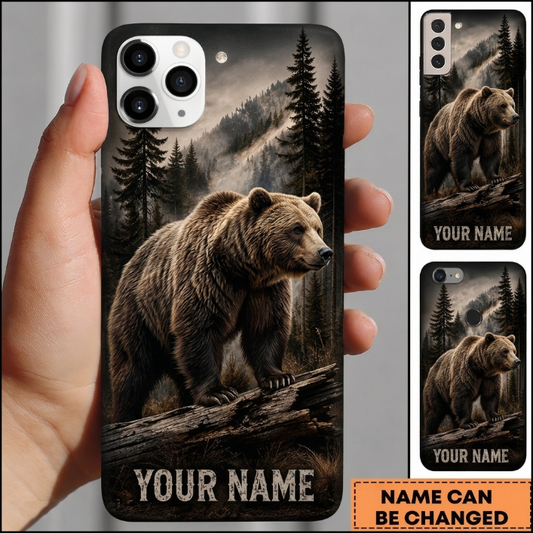 Maxcorners Hunting Bear Dark Misty Mountain Pine Forest Customized Name Phone Case