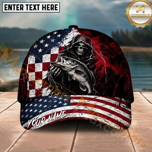 Maxcorners Fishing Grunge American Flag Reaper Personalized Name 3D Cap (12 Fish Species)