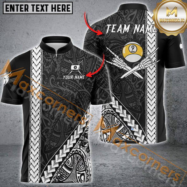 Maxcorners Ball 9 Black Polynesian Pattern Billiard Jersey Customized Name, Team Name 3D Polo Shirt