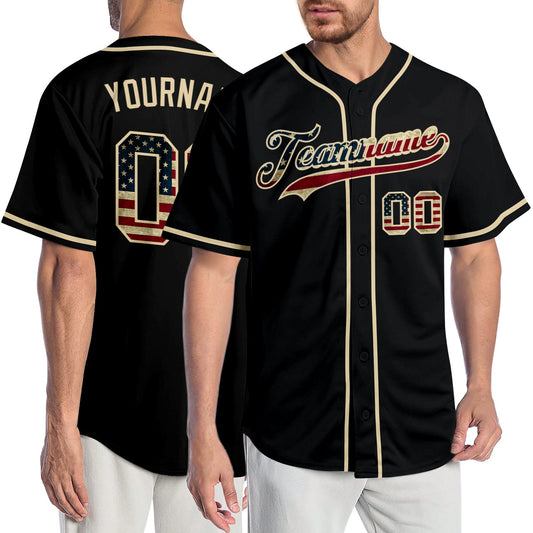 Maxcorners Custom Black Vintage USA Flag-Olive Premium Split Fashion Baseball Jersey LM0210