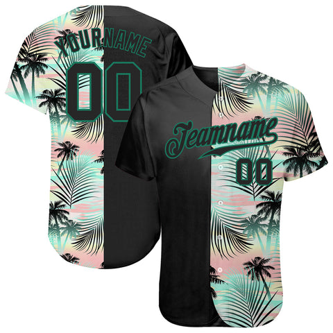 Custom Black-Kelly Green Tropical Palm Leaves Pattern Authentic Baseball Jersey