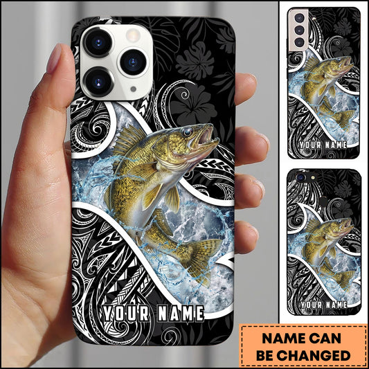Maxcorners Walleye Fishing Tribal Pattern Black White Water Splash Personalized Name Phone Case