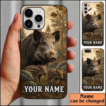 Maxcorners Hunting Wild Boar and Piglets Autumn Forest Oak Leaves Pine Trees Customized Name Phone Case