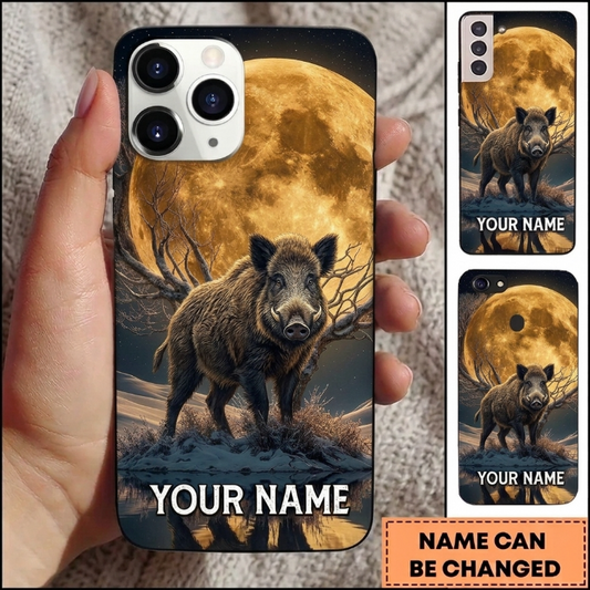 Maxcorners Hunting Majestic Boar Golden Full Moon Winter Night Customized Name Phone Case