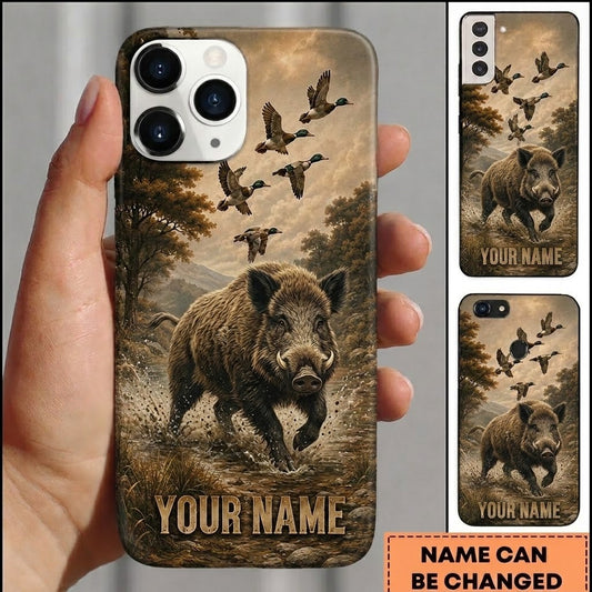 Maxcorners Hunting Boar Vintage Golden River Flying Ducks Customized Name Phone Case