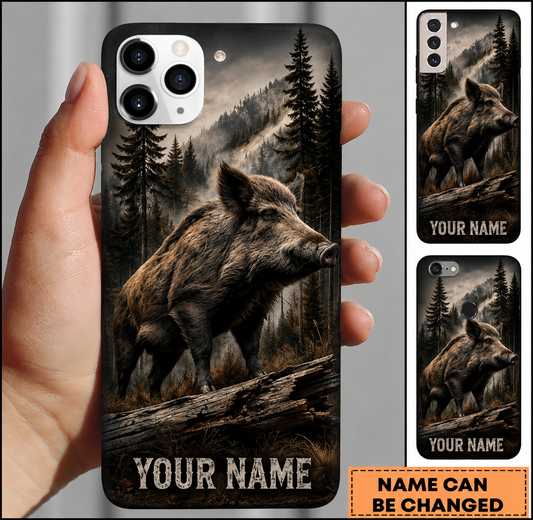 Maxcorners Hunting Boar Dark Misty Mountain Pine Forest Customized Name Phone Case