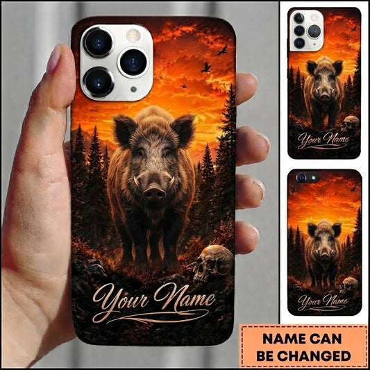 Maxcorners Hunting Majestic Boar Fiery Orange Sunset Mountain Forest Skull Customized Name Phone Case