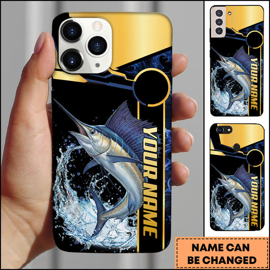 Maxcorners Marlin Fishing Black Gold Tech Frame Water Splash Personalized Name Phone Case