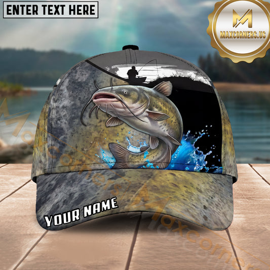 Maxcorners Fishing Green Scale Angler Silhouette Water Splash Personalized Name 3D Cap (12 Fish Species)