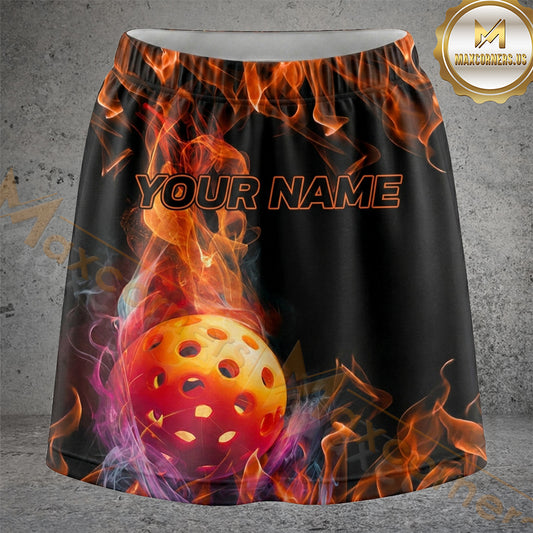Maxcorners Pickleball Black Orange Flaming Ball Personalized 3D Skort, Skirts With Shorts