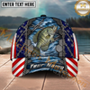 Maxcorners Fishing American Flag Metal Chain Personalized Name 3D Cap (12 Fish Species)