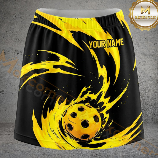 Maxcorners Pickleball Black Yellow Flame Ball Personalized 3D Skort, Skirts With Shorts