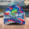 Maxcorners Fishing Patriotic Red White Blue Wave Personalized Name 3D Cap (12 Fish Species)