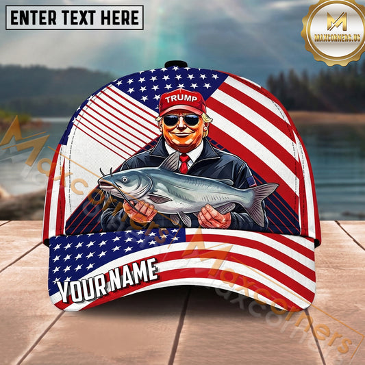 Maxcorners Fishing Patriotic Flag Angler Personalized Name 3D Cap (12 Fish Species)