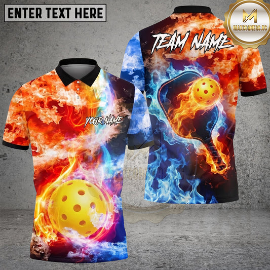 Maxcorners Pickleball Polo Fire and Ice Paddle Ball Multiple Options Personalized Name, Team Name 3D Shirt