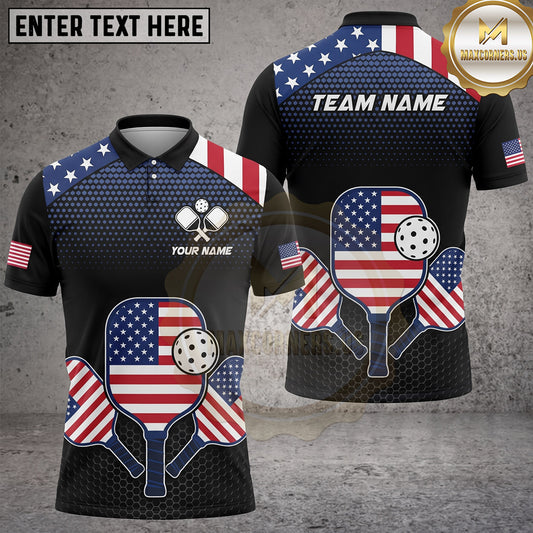 Maxcorners Pickleball Polo American Flag Paddle Emblem Multiple Options Personalized Name, Team Name 3D Shirt