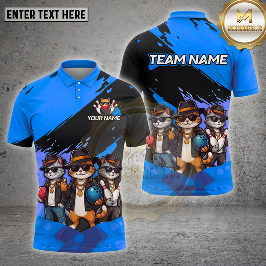 Maxcorners Cat Bowling Shirt Gangster Cat Crew Multiple Options Personalized Name, Team Name 3D Shirt