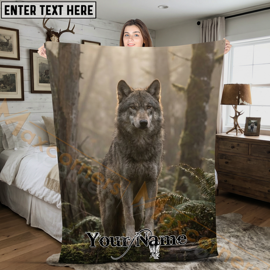 Maxcorners Elegant Grey Wolf Standing Proud in Forest Fog Personalized 3D Blanket
