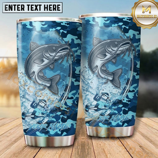 Maxcorners Fishing Tumbler Blue Digital Camouflage Design Personalized Name Tumbler (13 Species)