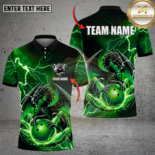 Maxcorners Bowling Polo Shirt Thunder Dragon Bowling Ball Multicolor Options Personalized Name, Team Name 3D Shirt (4 Colors)