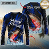 Maxcorners Fishing Blue Honeycomb Splash Personalized Name, Team Name 3D Long Sleeve Shirt (12 Fish Species)