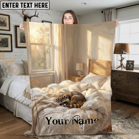 Maxcorners Cozy Raccoon Sleeping in White Bed Oil Painting Personalized 3D Blanket