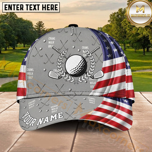 Maxcorners Golf American Flag Ball Crossed Clubs Laurel Wreath Personalized Name 3D Classic Cap