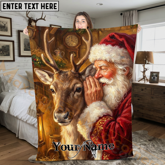Maxcorners Secret Whispers Santa Claus and Whitetail Buck Holiday Personalized 3D Blanket