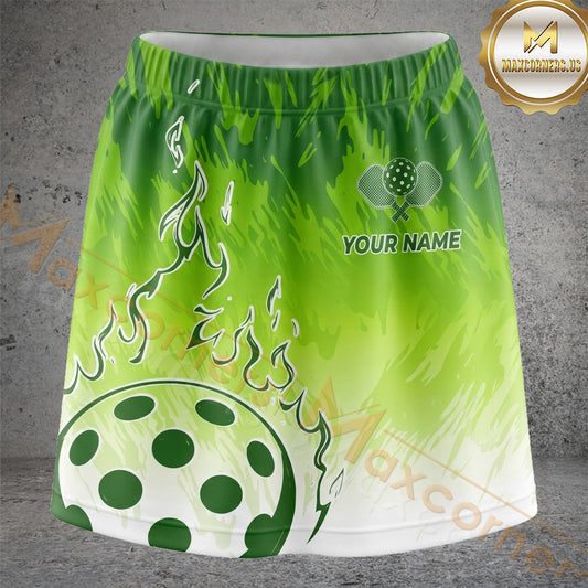 Maxcorners Pickleball Lime Green Flame Ball Personalized 3D Skort, Skirts With Shorts