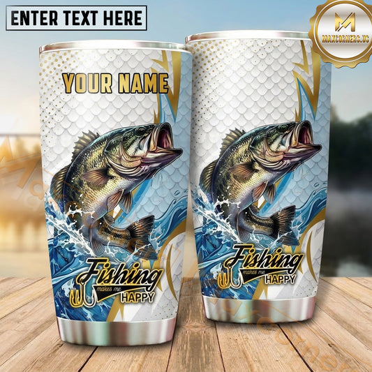 Maxcorners Fishing Tumbler White Gold Marble Geometric Design Personalized Name Tumbler (13 Species)