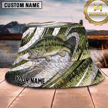 Maxcorners Fishing Metallic Green Fish Scale Abstract Sport Personalized 3D Bucket Hat (13 Fish Species)