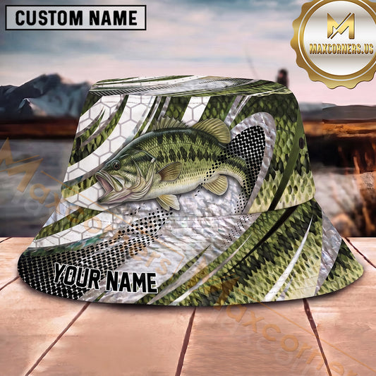 Maxcorners Fishing Metallic Green Fish Scale Abstract Sport Personalized 3D Bucket Hat (13 Fish Species)