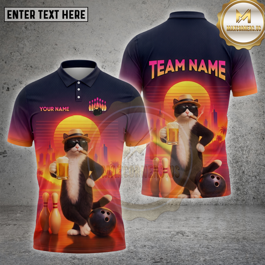 Maxcorners Cat Bowling Shirt Retro Cool Cat Multiple Options Personalized Name, Team Name 3D Shirt