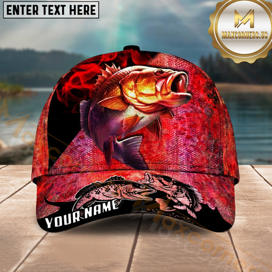 Maxcorners Fishing Red Smoke Scale Graphic Personalized Name 3D Cap (12 Fish Species)
