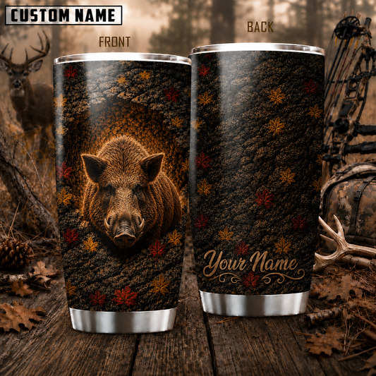 Maxcorners Hunting Boar Pinecone Autumn Leaves Personalized Name 3D Tumbler