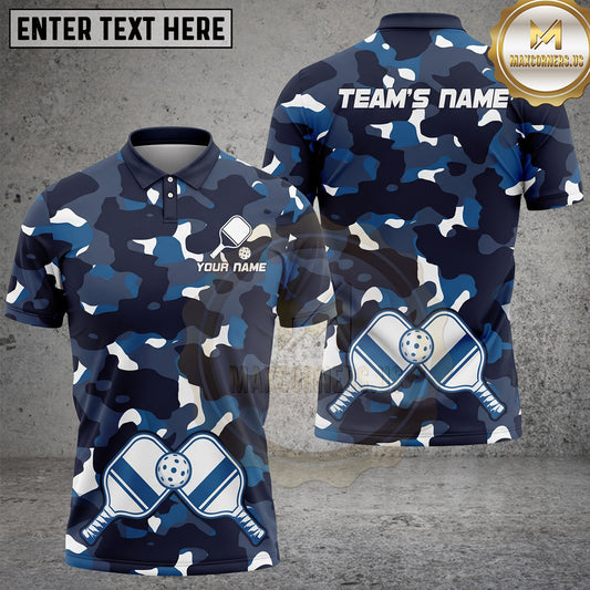 Maxcorners Pickleball Polo Military Camo Crossed Paddles Multiple Options Personalized Name, Team Name 3D Shirt